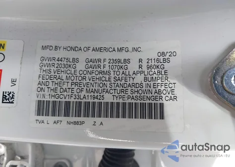 2020 Honda Accord Sport from USA, damaged, VIN 1HGCV1F33LA119425